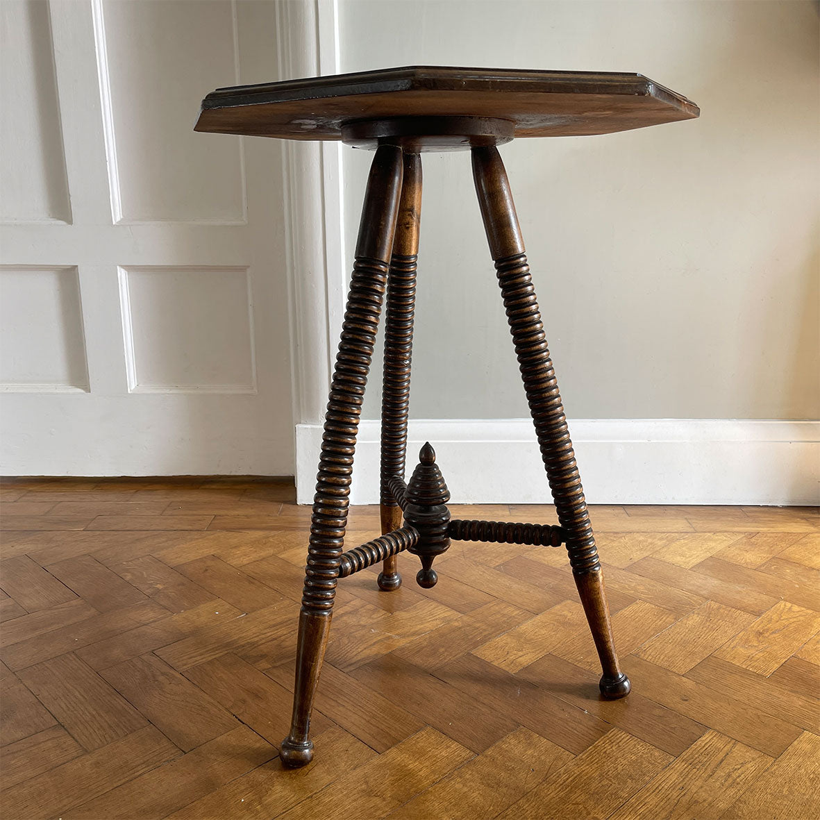 A good looking Scottish Bobbin Table. An octagonal top raised on three turned legs , tri-stretchers and central turned boss - SHOP NOW - www.intovintage.co.uk