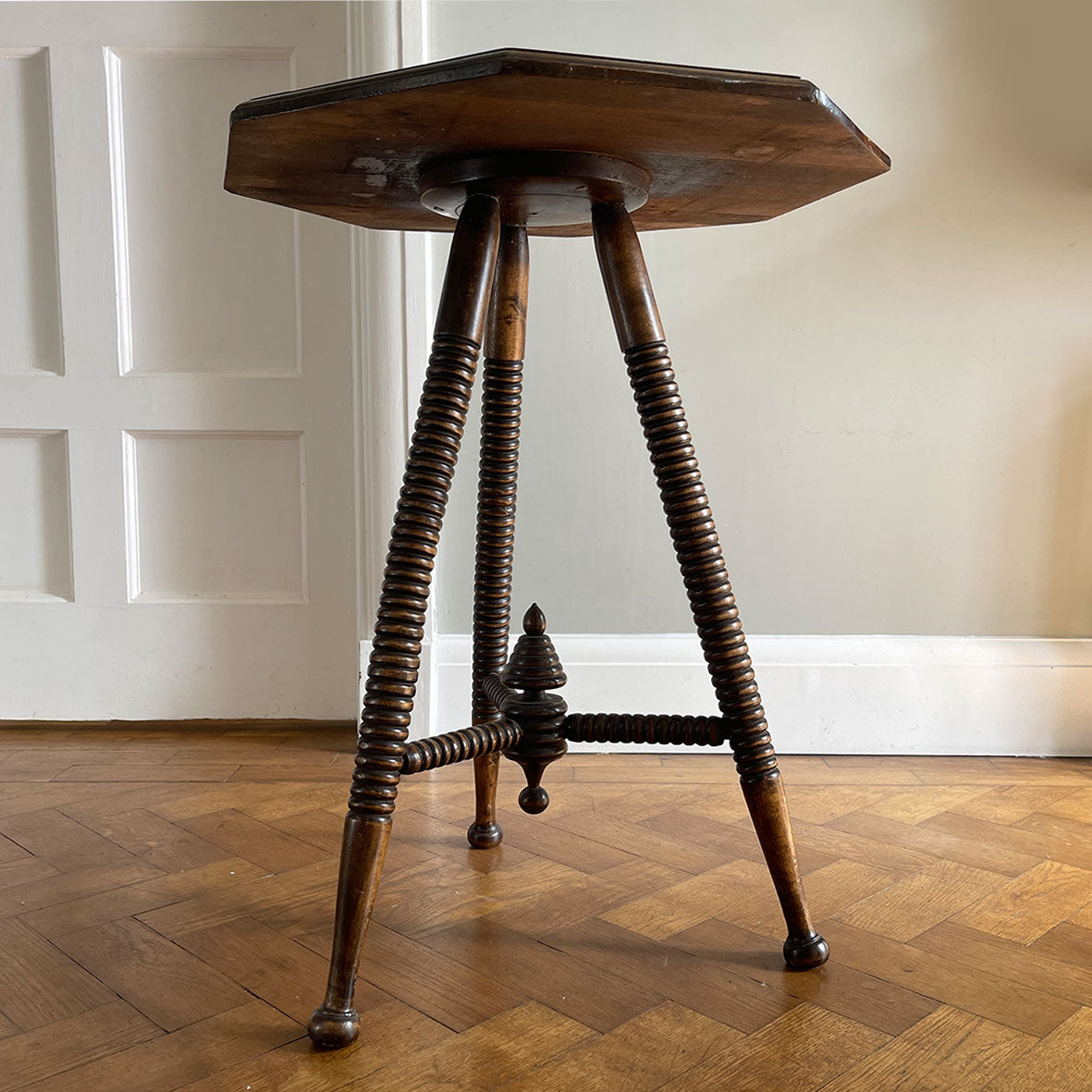 A good looking Scottish Bobbin Table. An octagonal top raised on three turned legs , tri-stretchers and central turned boss - SHOP NOW - www.intovintage.co.uk
