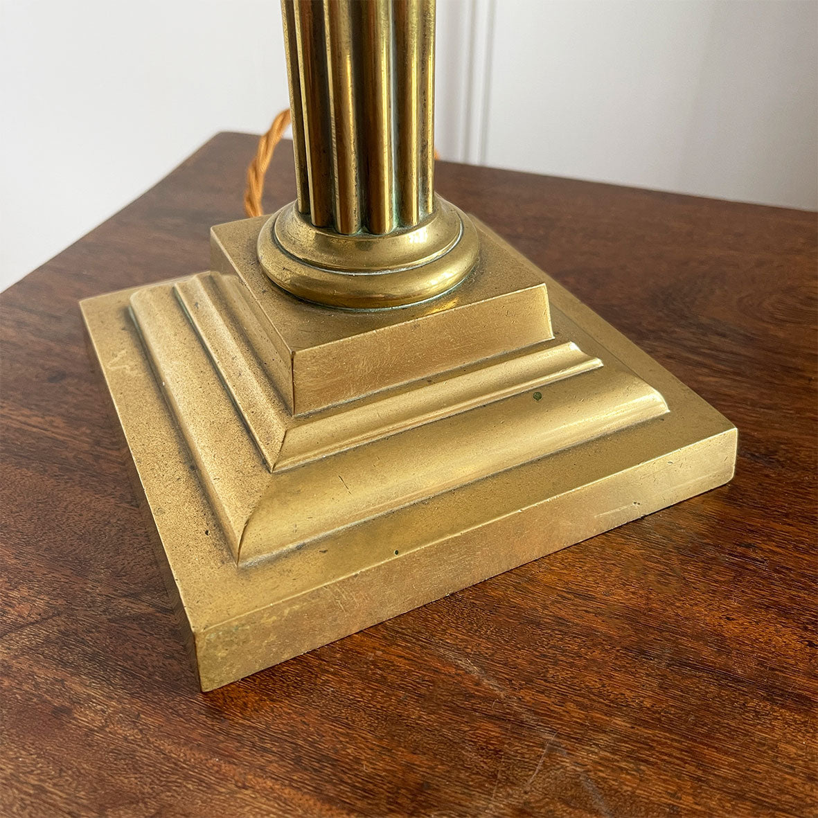 A large Victorian classical brass table lamp with beautiful corinthian column detailing. Wired for electricity with new bayonet lamp fitting, three core dark gold cloth covered cable new plug and pat tested - SHOP NOW - www.intovintage.co.uk