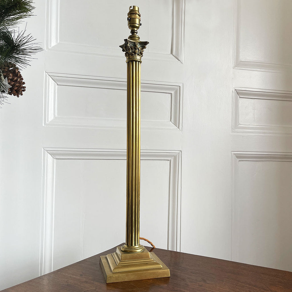 A large Victorian classical brass table lamp with beautiful corinthian column detailing. Wired for electricity with new bayonet lamp fitting, three core dark gold cloth covered cable new plug and pat tested - SHOP NOW - www.intovintage.co.uk