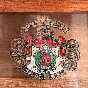 A Vintage mahogany Punch Cigar Display Case with 4 compartments. The glass hinged lid displays the Manuel Lopez Punch crest whilst the frame shows the legend 'Punch Cigars Havana's Best' - SHOP NOW - www.intovintage.co.uk