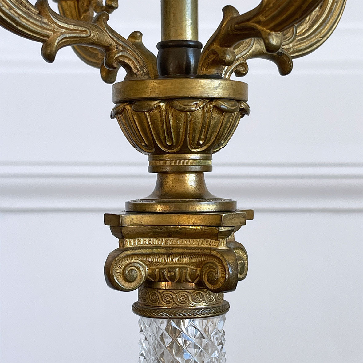 A converted four branch French classical crystal glass & gilt table candelabra with two pull chain switched down light fittings - SHOP NOW - www.intovintage.co.uk