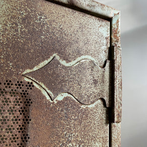 A Vintage Food Safe with the most fantastic aged patina. Constructed from metal with a pierced front and sides to allow for the free flow of air to keep the food inside fresh. It has a metal latch, metal door hinges and an inner glass shelf - SHOP NOW - www.intovintage.co.uk