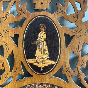 A pretty petit Italian Sorento Ware Olive Wood hinged-door Mirror. A charming mix of fretwork and marquetry showing country peasant scenes. Original mirror plate with slight foxing. A lovely piece with great colour. - SHOP NOW - www.intovintage.co.uk