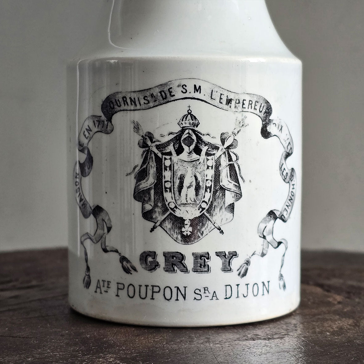 A lovely early 20th century white ironstone Dijon Grey-Poupon pot by CREIL and MONTEREAU.Stamped Creil and Montereau on the base - SHOP NOW - www.intovintage.co.uk