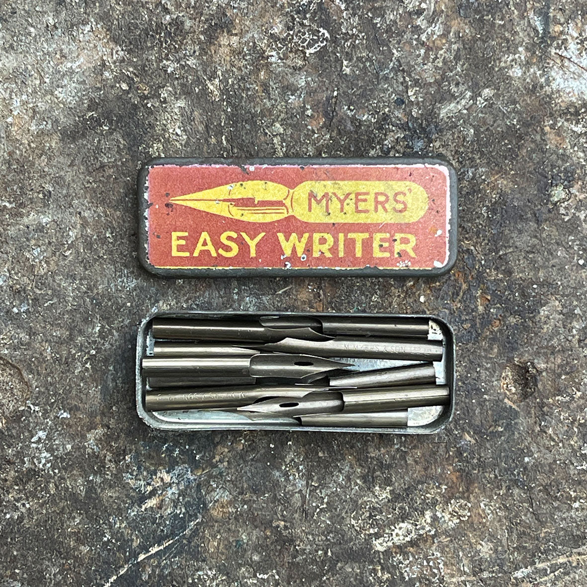 A small Edwardian Myers Pen Nib Tin with its ten unused nibs still inside - SHOP NOW - www.intovintage.co.uk