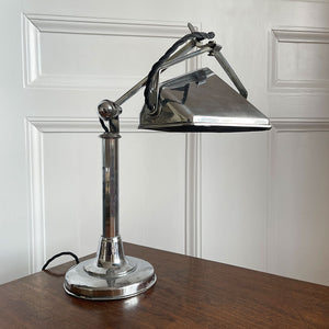 A smart looking nickel plated desk lamp from the Art Deco period. Fully adjustable head. Wired for electricity with new bayonet lamp fitting, three core black cloth covered cable new plug and pat tested - SHOP NOW - www.intovintage.co.uk