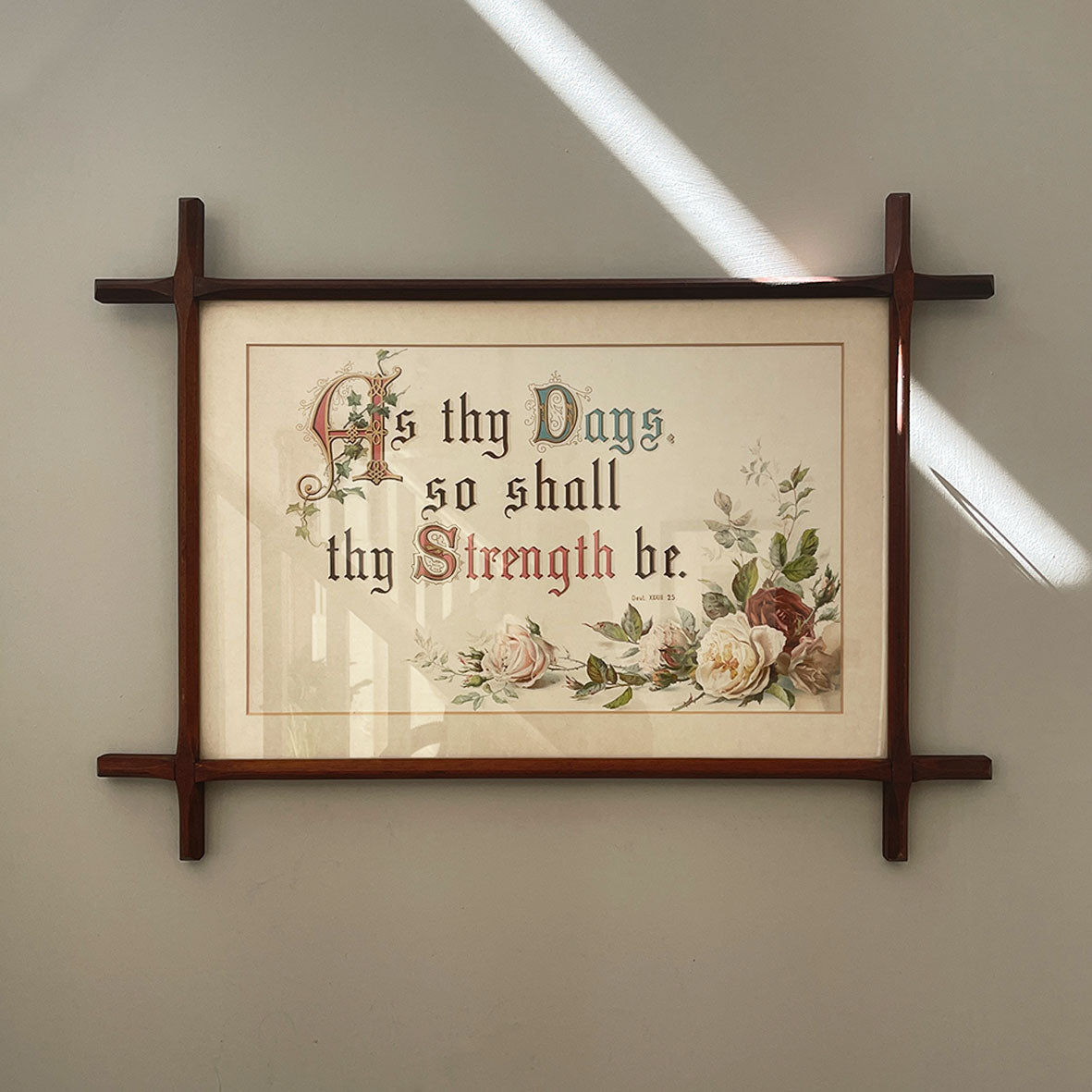 A delightful large religious print with the words 'As thy Days so shall thy Strength be'. Good colourful typography and in its original mahogany cross-jointed frame - SHOP NOW - www.intovintage.co.uk