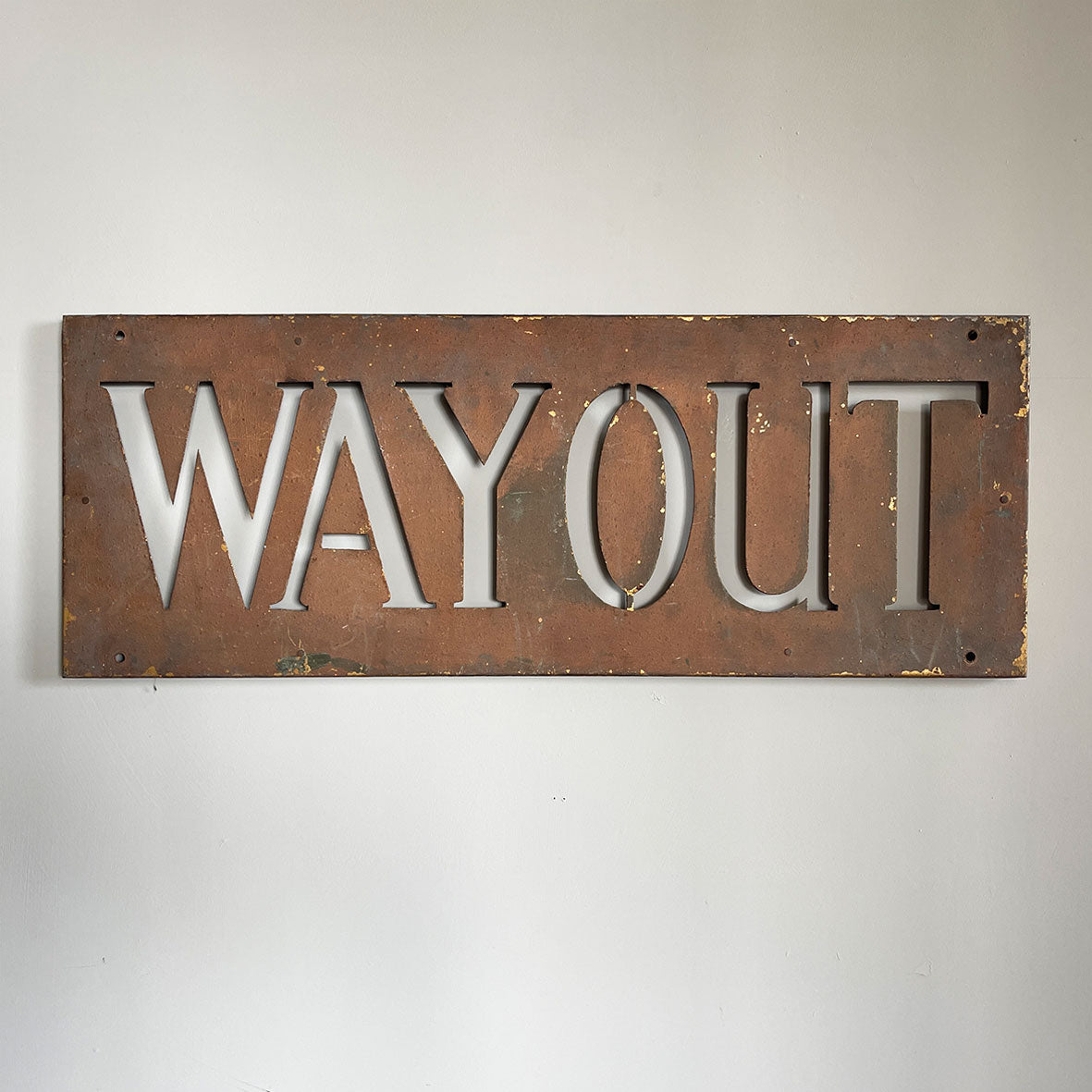 An Original Way Out Sign. Pierced letters through steel with an excellent patina to the painted finish. The sign would originally had glass fitted behind and illuminated. Good size!  SHOP NOW - www.intovintage.co.uk