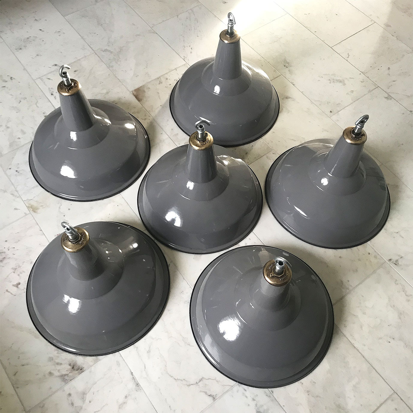 1940s Benjamin factory pendant light in smart grey enamel finish. The inner shade is finished in a white enamel. The top has a smart cast brass Benjamin final with a strong galvanised hook - 6 AVAILABLE - SHOP NOW - www.intovintage.co.uk