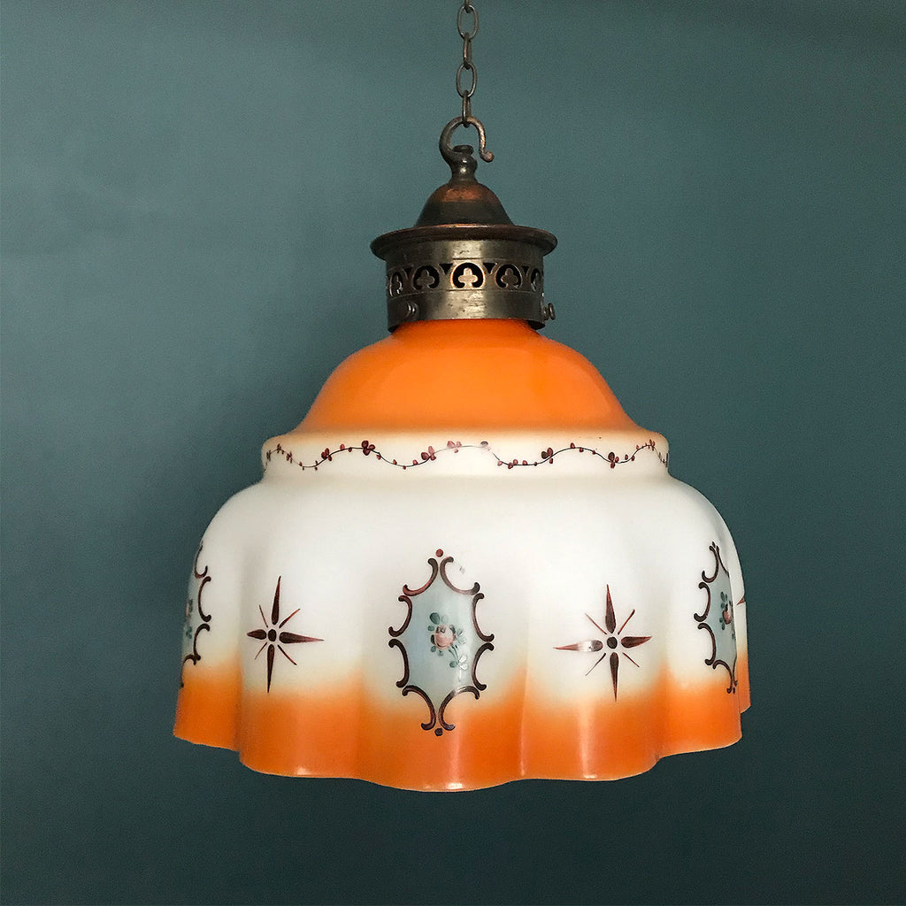 Pretty Hand Painted Continental Glass Lamp Shade with Copper Gallery. The glass shade has a wonderful deep orange colour with pretty hand painted floral details. The copper gallery has pierced detail decoration with hook - SHOP NOW - www.intovintage.co.uk