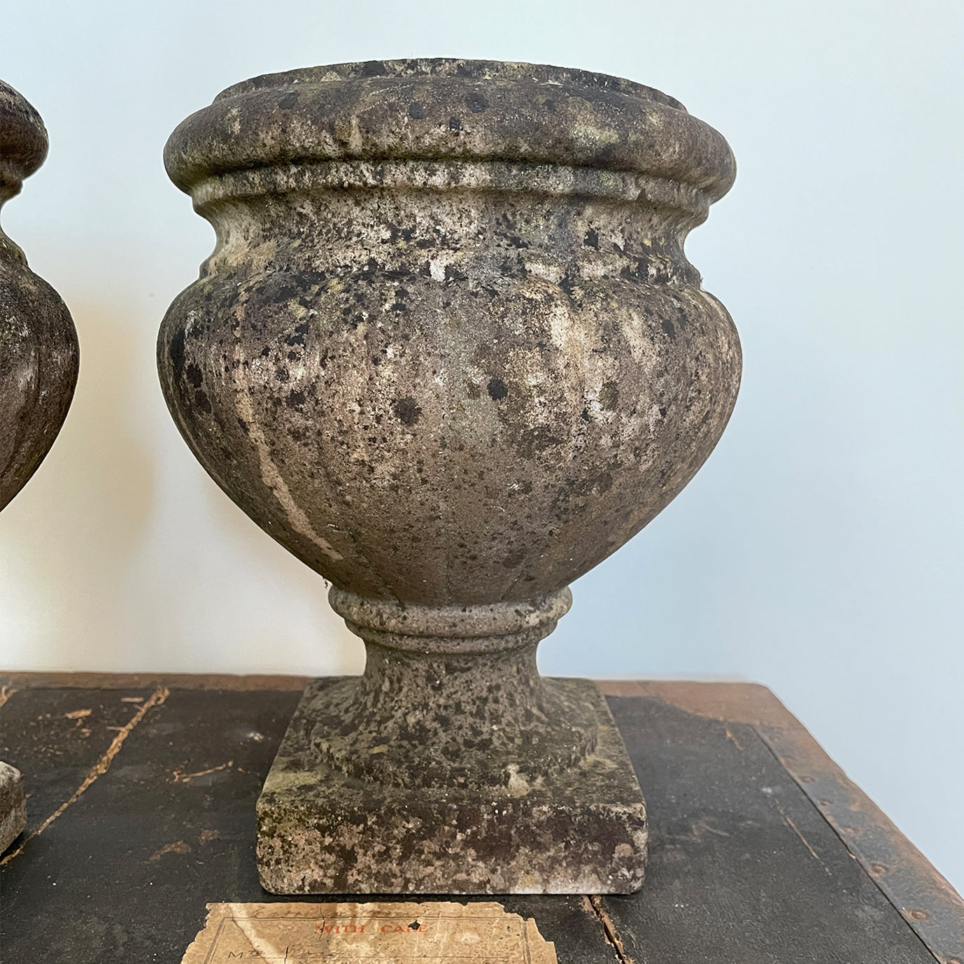 A pair of 19th century marble garden urns of classical form with a good covering of lichen. Crafted with classic proportions and shape. Both have& drainage holes. These can be used in the garden or as planters. Equally as decorative in an interior setting. Dating to c.1880 - SHOP NOW - www.intovintage.co.uk