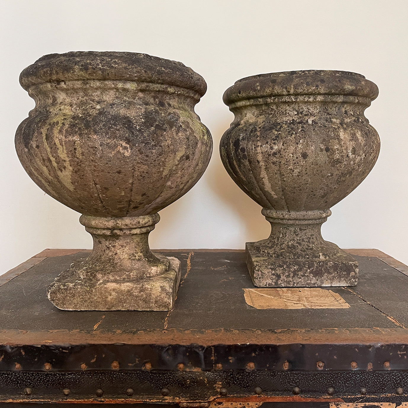 A pair of 19th century marble garden urns of classical form with a good covering of lichen. Crafted with classic proportions and shape. Both have& drainage holes. These can be used in the garden or as planters. Equally as decorative in an interior setting. Dating to c.1880 - SHOP NOW - www.intovintage.co.uk