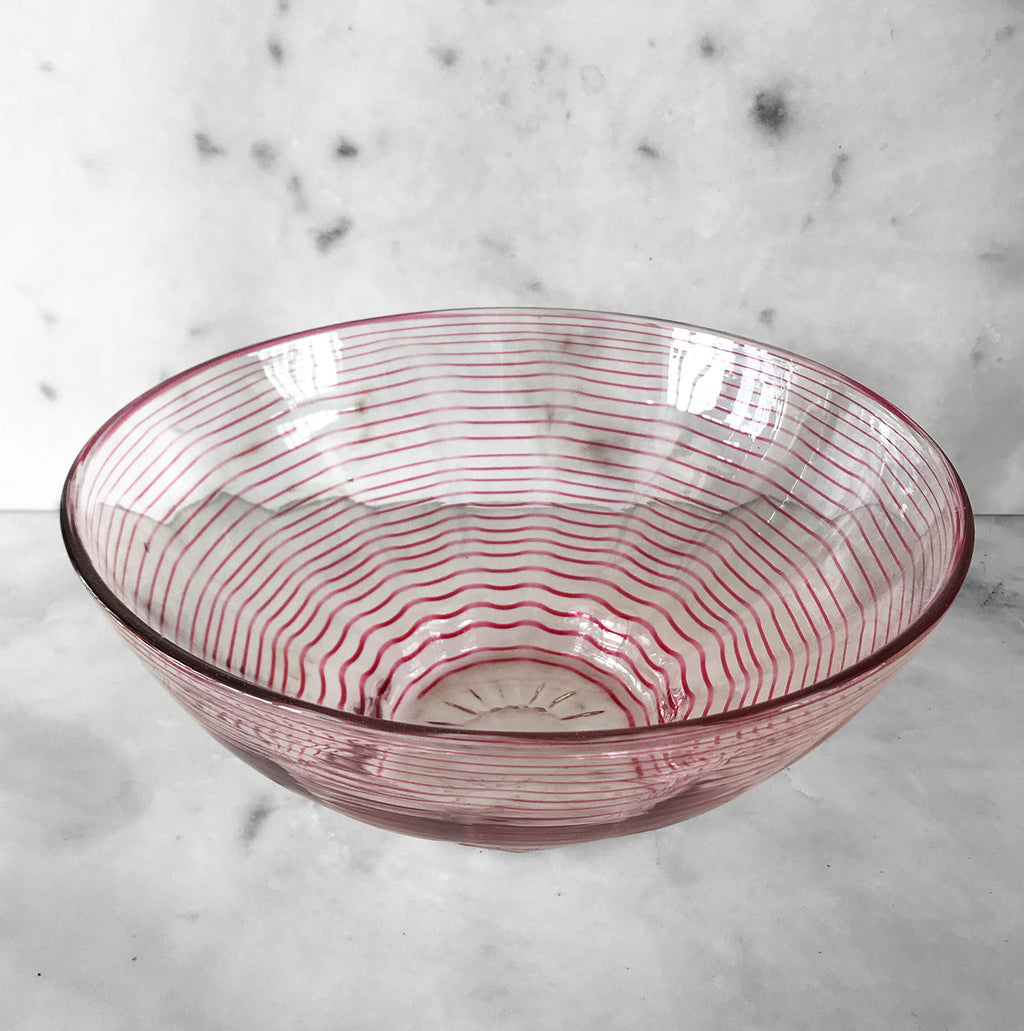 Raspberry threaded bowl designed by William Butler C1930's made by James Powell & Sons Whitefriars London - SHOP NOW - www.intovintage.co.uk