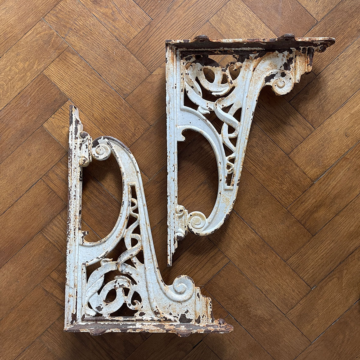 A beautiful Pair of heavy Cast Iron Brackets, reportedly from a train station in Normandy, France. the matching brackets have beautifully cast Art Nouveaux detailing within the frames. Would look fantastic holding up a kitchen shelf - SHOP NOW - www.intovintage.co.uk