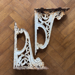 A beautiful Pair of heavy Cast Iron Brackets, reportedly from a train station in Normandy, France. the matching brackets have beautifully cast Art Nouveaux detailing within the frames. Would look fantastic holding up a kitchen shelf - SHOP NOW - www.intovintage.co.uk