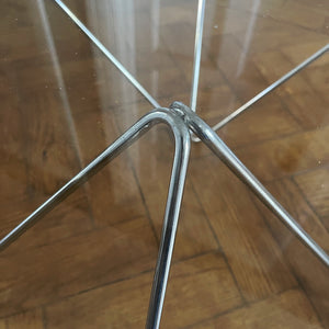 A stylish modernistic chromed square vintage coffee table in the Style of Paolo Piva circa 1980, Italy.Simple and elegant in form, the frame is made of chromed steel shaped connected triangles. Clear glass top - SHOP NOW - www.intovintage.co.uk