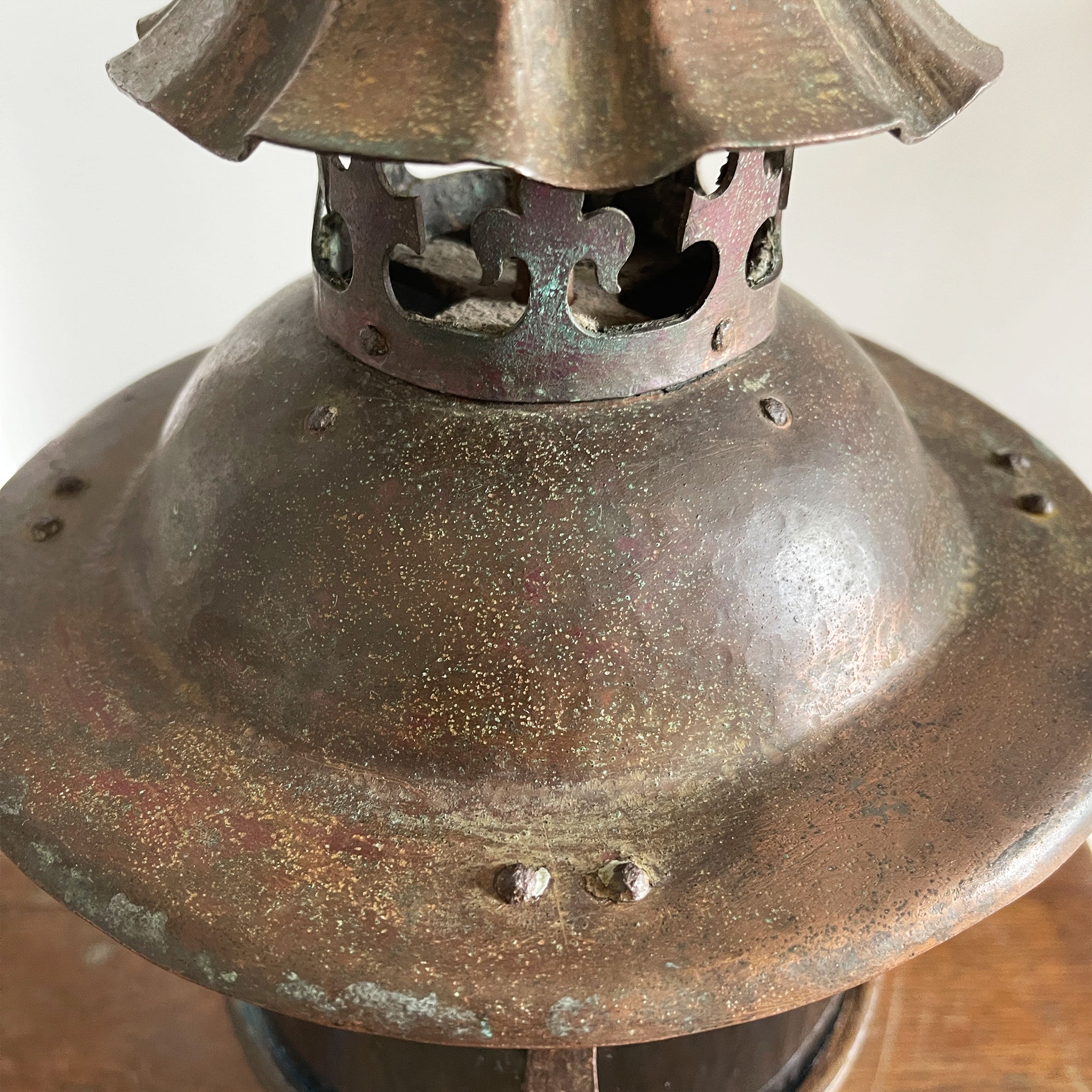 A large Arts & Crafts Hall Lantern. Hand beaten copper top with fleur de lis detailing, smithed iron shade cage Hall lantern with original mouth blown petrol blue glass. Elegant form, scale and colour - SHOP NOW - www.intovintage.co.uk