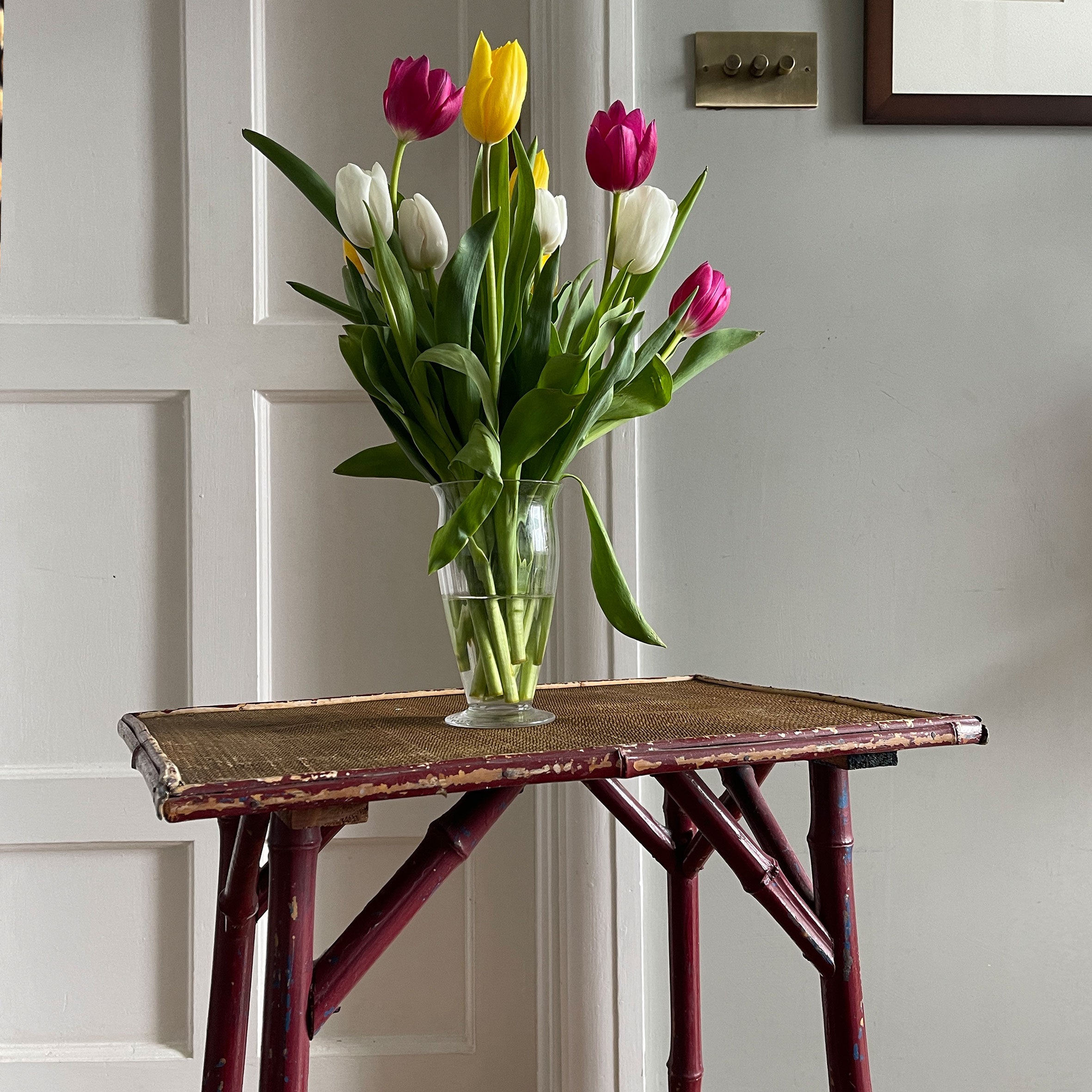 A great looking vintage Bamboo Side Table with a bang on shabby chic vintage paint finish. Bamboo legs with a woven top. Great colours - SHOP NOW - www.intovintage.co.uk