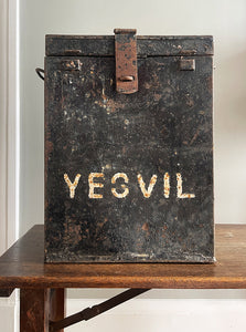 This is a real piece of social history. An original voting ballot box from Yeovil Town, Somerset. Metal in construction with convenient carry handles to both sides. The lid is hinged with a padlock flap. The laid has a posting slot that can be set to a closed position. Who knows what votes have been cast in this box over the years - SHOP NOW - www.intovintage.co.uk