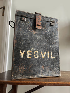 This is a real piece of social history. An original voting ballot box from Yeovil Town, Somerset. Metal in construction with convenient carry handles to both sides. The lid is hinged with a padlock flap. The laid has a posting slot that can be set to a closed position. Who knows what votes have been cast in this box over the years - SHOP NOW - www.intovintage.co.uk
