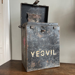 This is a real piece of social history. An original voting ballot box from Yeovil Town, Somerset. Metal in construction with convenient carry handles to both sides. The lid is hinged with a padlock flap. The laid has a posting slot that can be set to a closed position. Who knows what votes have been cast in this box over the years - SHOP NOW - www.intovintage.co.uk