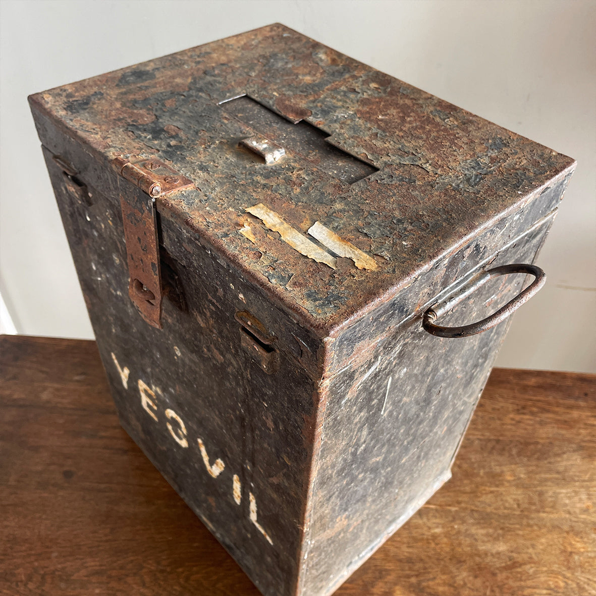 This is a real piece of social history. An original voting ballot box from Yeovil Town, Somerset. Metal in construction with convenient carry handles to both sides. The lid is hinged with a padlock flap. The laid has a posting slot that can be set to a closed position. Who knows what votes have been cast in this box over the years - SHOP NOW - www.intovintage.co.uk