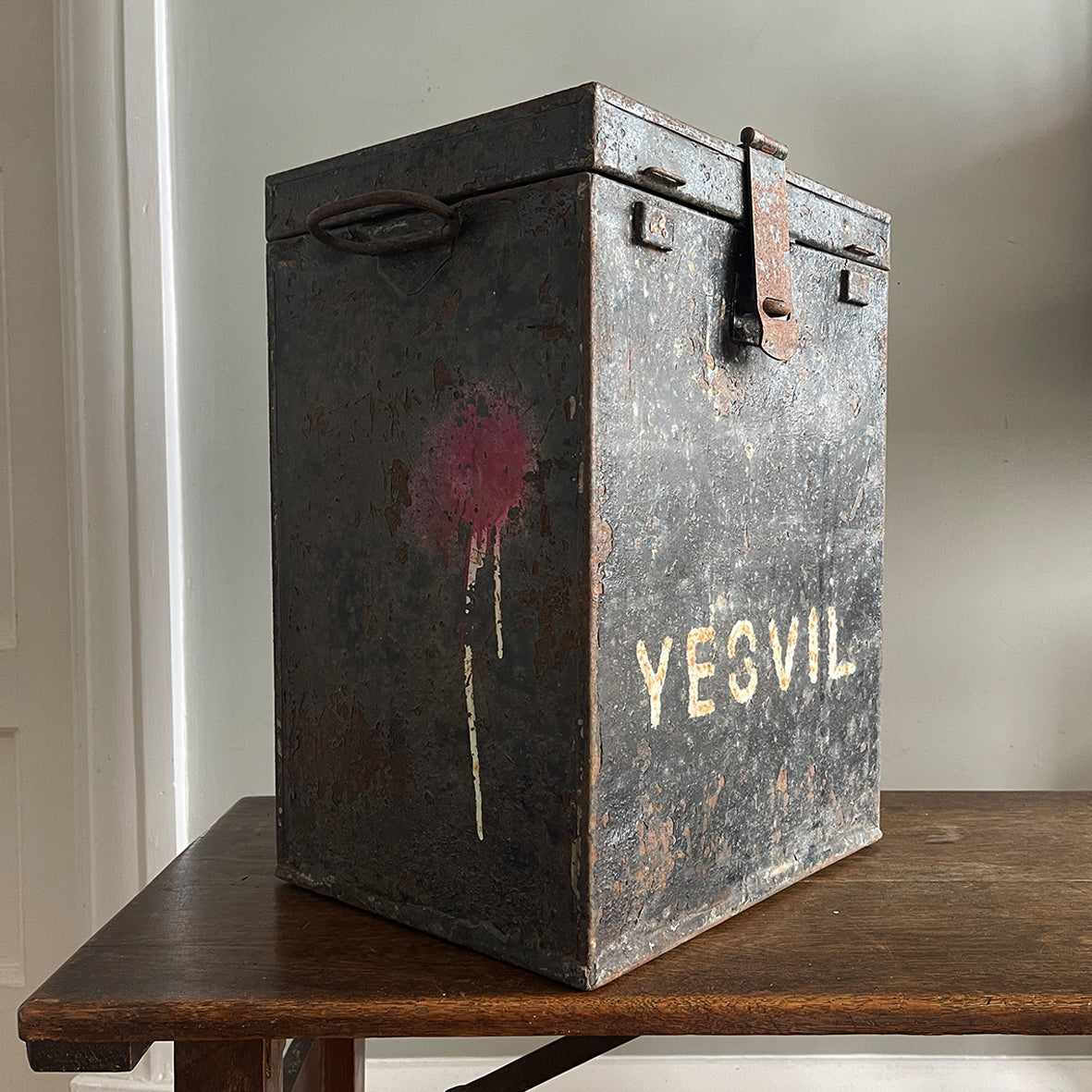 This is a real piece of social history. An original voting ballot box from Yeovil Town, Somerset. Metal in construction with convenient carry handles to both sides. The lid is hinged with a padlock flap. The laid has a posting slot that can be set to a closed position. Who knows what votes have been cast in this box over the years - SHOP NOW - www.intovintage.co.uk