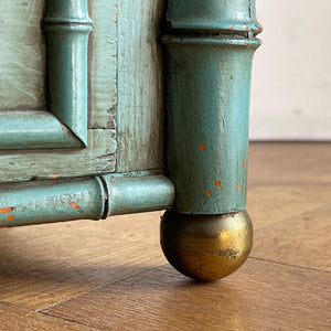 A Pretty Chinese inspired Wall Cabinet in its original paint and with original mirror plate. The cabinet is Chinese inspired, with bamboo edge detailing, golden globe feet and turned finials on top. It is finished in a beautiful and perfectly aged duck egg blue, and the original mirror plate - SHOP NOW - www.intovintage.co.uk