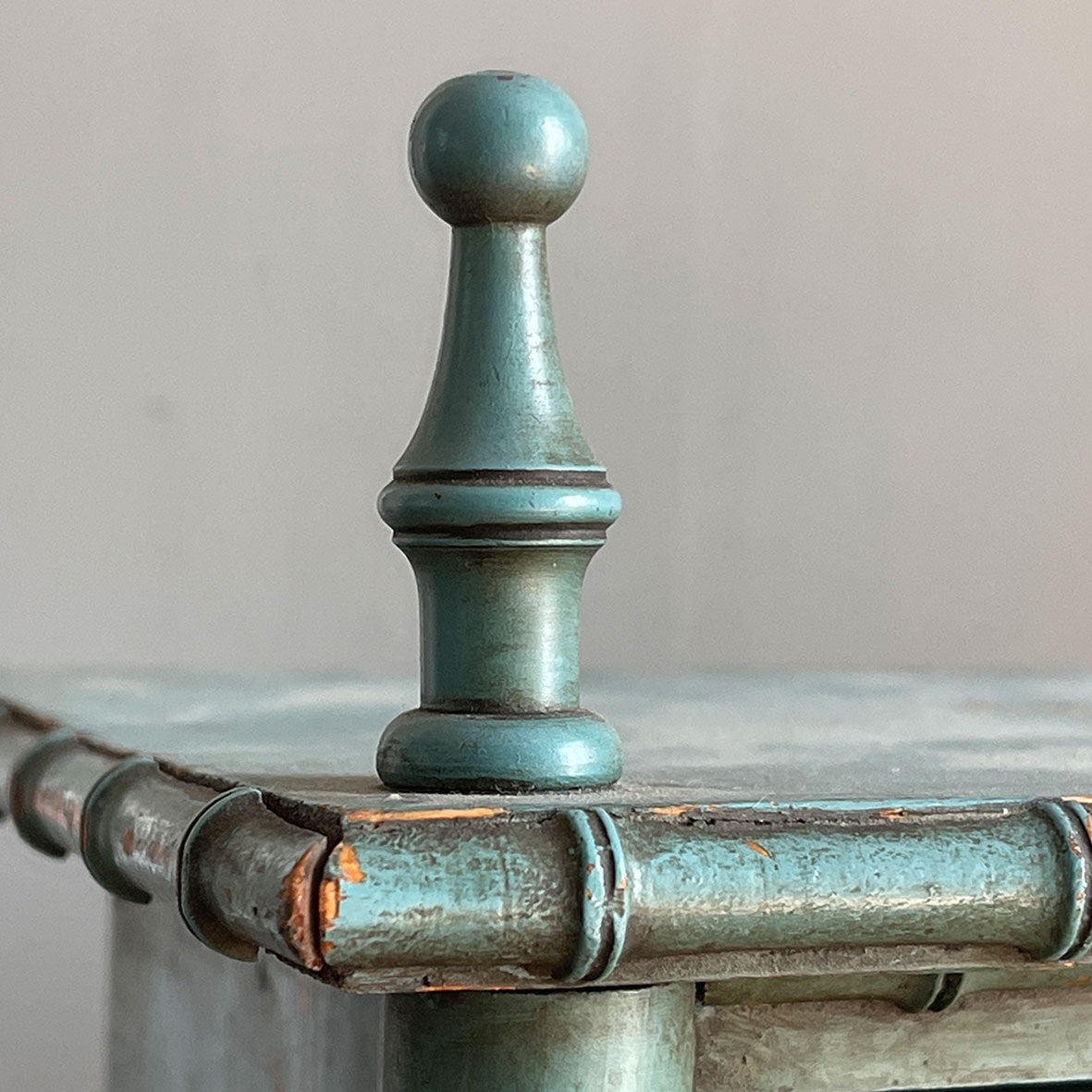 A Pretty Chinese inspired Wall Cabinet in its original paint and with original mirror plate. The cabinet is Chinese inspired, with bamboo edge detailing, golden globe feet and turned finials on top. It is finished in a beautiful and perfectly aged duck egg blue, and the original mirror plate - SHOP NOW - www.intovintage.co.uk