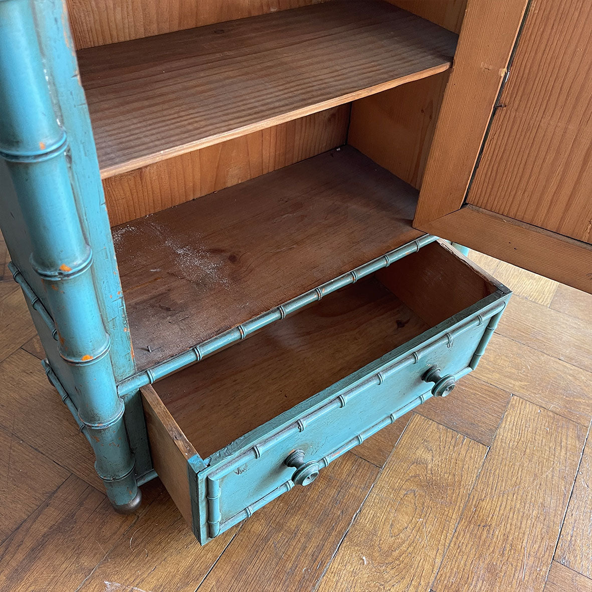 A Pretty Chinese inspired Wall Cabinet in its original paint and with original mirror plate. The cabinet is Chinese inspired, with bamboo edge detailing, golden globe feet and turned finials on top. It is finished in a beautiful and perfectly aged duck egg blue, and the original mirror plate - SHOP NOW - www.intovintage.co.uk