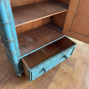 A Pretty Chinese inspired Wall Cabinet in its original paint and with original mirror plate. The cabinet is Chinese inspired, with bamboo edge detailing, golden globe feet and turned finials on top. It is finished in a beautiful and perfectly aged duck egg blue, and the original mirror plate - SHOP NOW - www.intovintage.co.uk