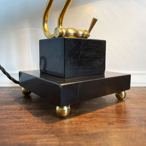 A smart looking Brass and fully adjustable Bankers Lamp with two stepped black marble base and brass bun feet. The lamp has been rewired with new material covered black cord and plug - SHOP NOW - www.intovintage.co.uk