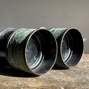 A pair of British Army issued field glasses by LeMaire Fabt of Paris. Verdigris patinated finish to the brass, excellent working order with good vision and clarity - SHOP NOW - www.intovintage.co.uk