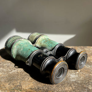 A pair of British Army issued field glasses by LeMaire Fabt of Paris. Verdigris patinated finish to the brass, excellent working order with good vision and clarity - SHOP NOW - www.intovintage.co.uk