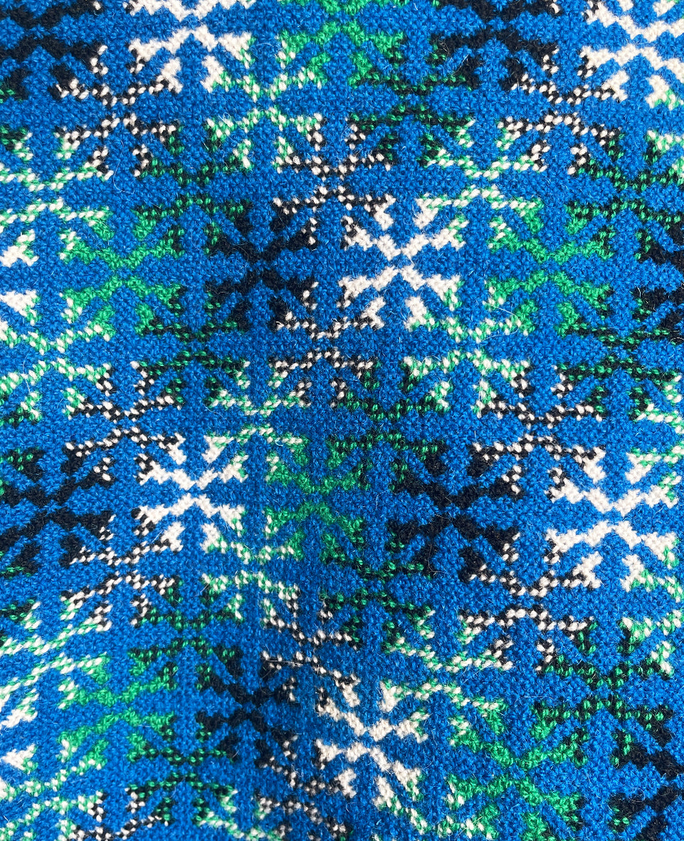 A pure wool Welsh Tapestry blanket in Blue, Aqua Green, white and Black - SHOP NOW - www.intovintage.co.uk