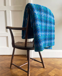 A pure wool Welsh Tapestry blanket in Blue, Aqua Green, white and Black - SHOP NOW - www.intovintage.co.uk