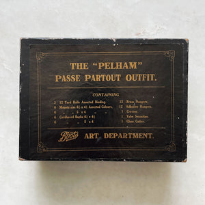 A vintage Pelham Passe Partout picture framing kit from Boots. contents include a rather nifty Glass Cutter, 3 Rolls of Picture Gummed Picture Binding Tape, a Boxed Tube of Seccotine Adhesive, Brass Picture Hangers, Adhesive Hangers, Razor Blade, Creasing Blocks and a selection of Mounting Cards and Paper - SHOP NOW - www.intovintage.co.uk