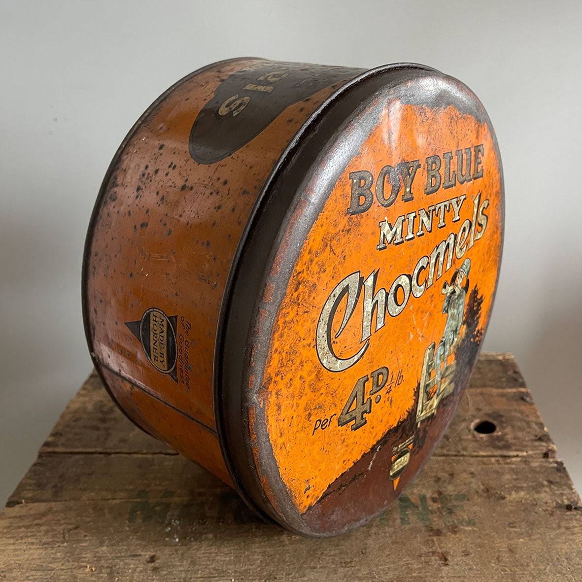 A Vintage Horner's Boy Blue Minty Chocomels Tin from the 1930s with the most wonderful colours and Little Boy Blue design to the front lid - SHOP NOW - www.intovintage.co.uk