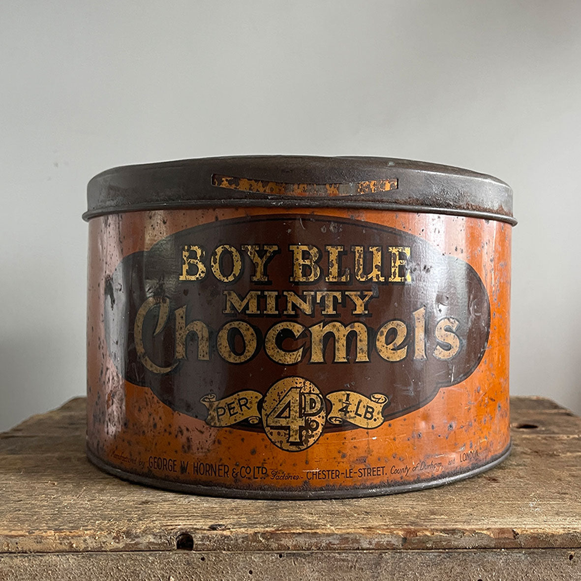 A Vintage Horner's Boy Blue Minty Chocomels Tin from the 1930s with the most wonderful colours and Little Boy Blue design to the front lid - SHOP NOW - www.intovintage.co.uk