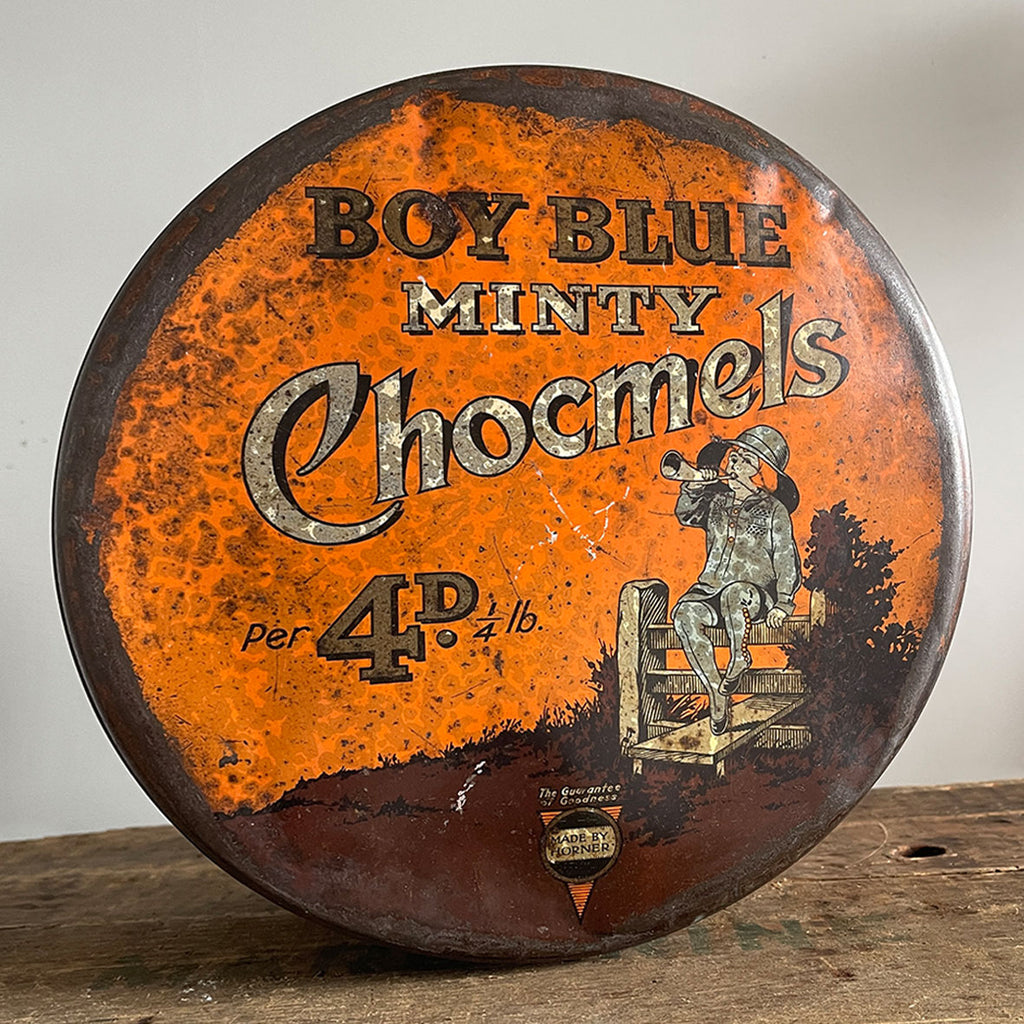 A Vintage Horner's Boy Blue Minty Chocomels Tin from the 1930s with the most wonderful colours and Little Boy Blue design to the front lid - SHOP NOW - www.intovintage.co.uk