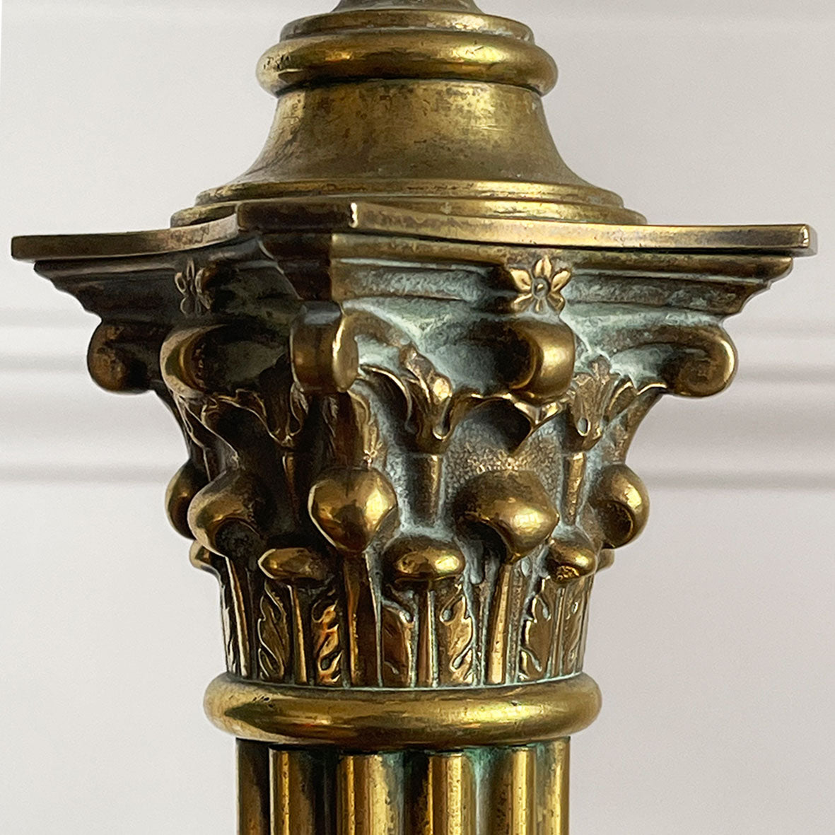 A large Victorian classical brass table lamp with beautiful corinthian column detailing. Wired for electricity with new bayonet lamp fitting, three core dark gold cloth covered cable new plug and pat tested - SHOP NOW - www.intovintage.co.uk