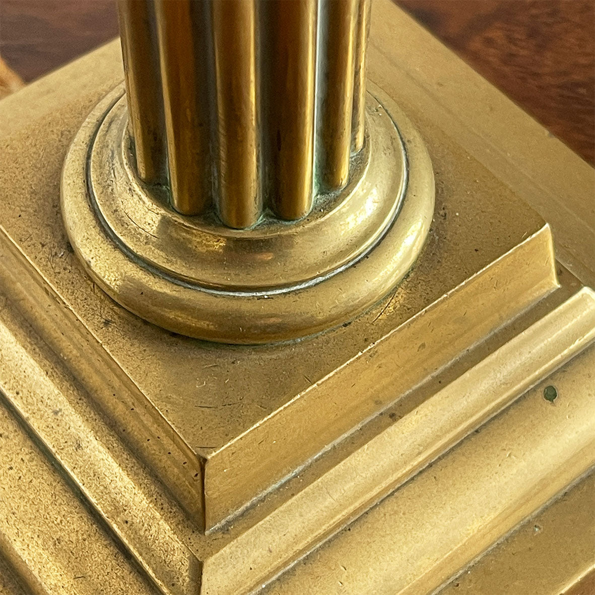 A large Victorian classical brass table lamp with beautiful corinthian column detailing. Wired for electricity with new bayonet lamp fitting, three core dark gold cloth covered cable new plug and pat tested - SHOP NOW - www.intovintage.co.uk