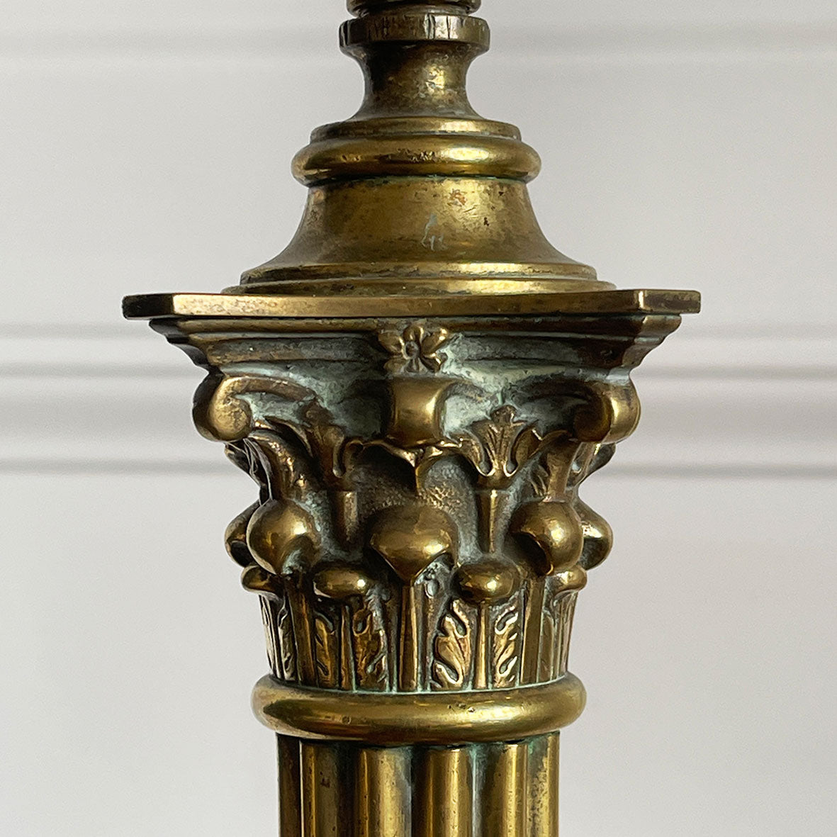 A large Victorian classical brass table lamp with beautiful corinthian column detailing. Wired for electricity with new bayonet lamp fitting, three core dark gold cloth covered cable new plug and pat tested - SHOP NOW - www.intovintage.co.uk