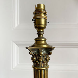 A large Victorian classical brass table lamp with beautiful corinthian column detailing. Wired for electricity with new bayonet lamp fitting, three core dark gold cloth covered cable new plug and pat tested - SHOP NOW - www.intovintage.co.uk