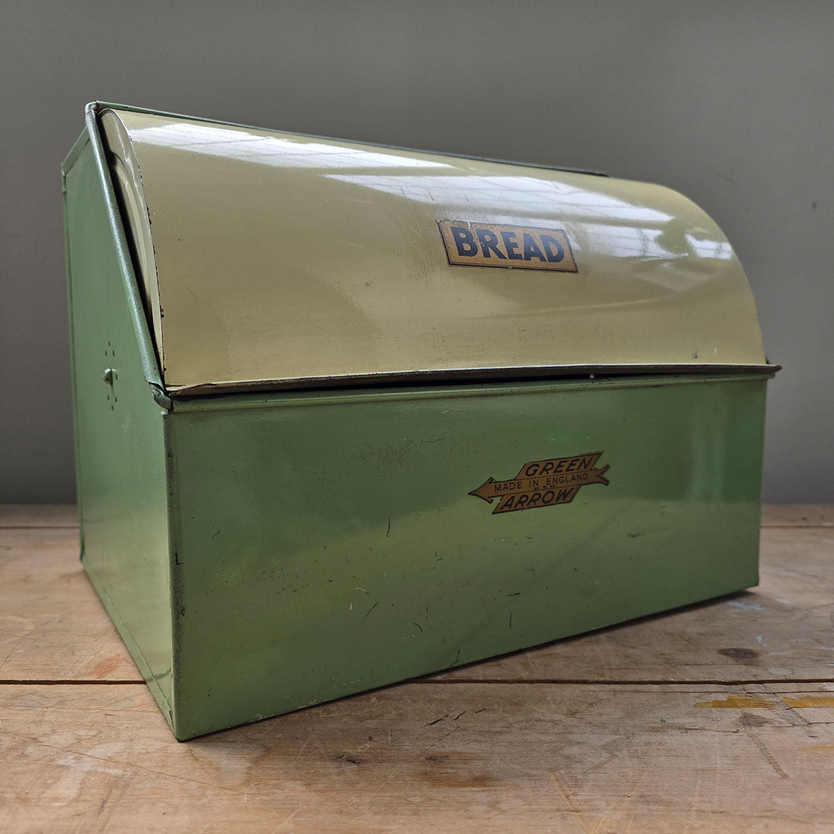 A Vintage Green Arrow bread bin in a fab duck egg green and cream combo, and still having its 'BREAD' and 'Green Arrow' water slide stickers to the front. A great looking item for the vintage kitchen - SHOP NOW - www.intovintage.co.uk