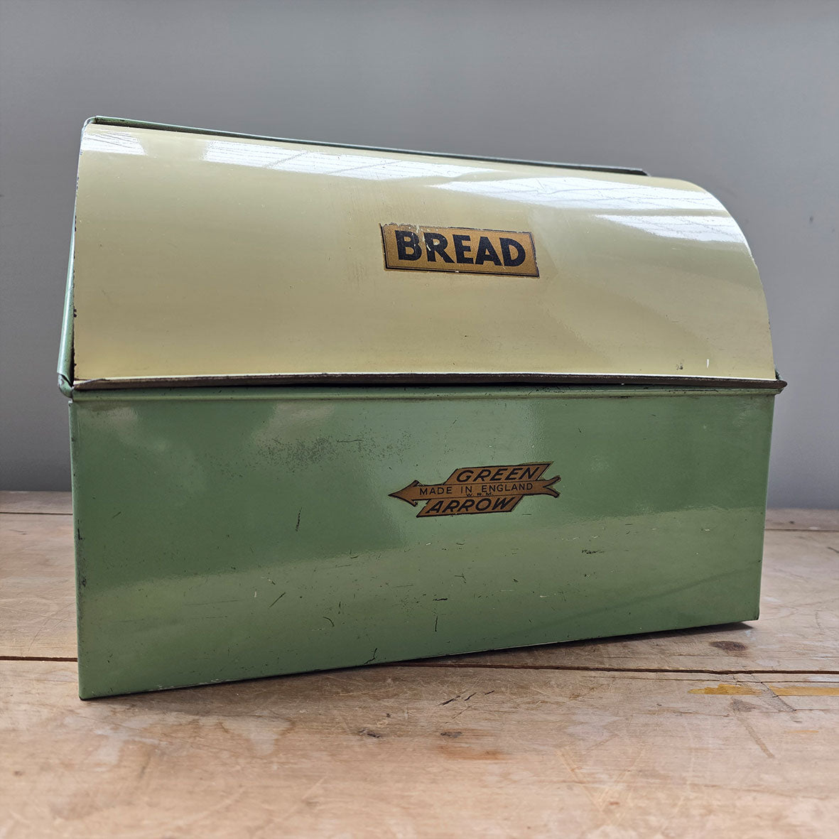 A Vintage Green Arrow bread bin in a fab duck egg green and cream combo, and still having its 'BREAD' and 'Green Arrow' water slide stickers to the front. A great looking item for the vintage kitchen - SHOP NOW - www.intovintage.co.uk