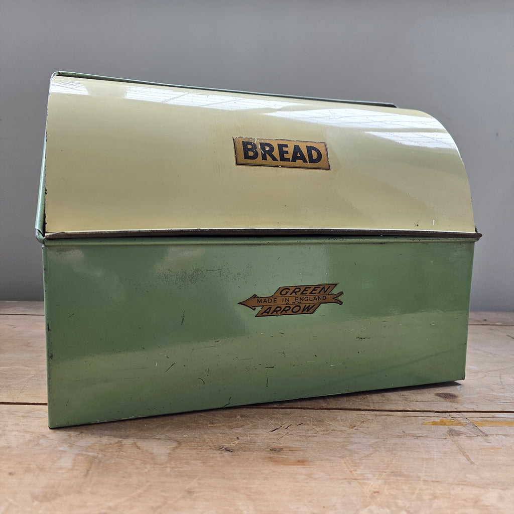 A Vintage Green Arrow bread bin in a fab duck egg green and cream combo, and still having its 'BREAD' and 'Green Arrow' water slide stickers to the front. A great looking item for the vintage kitchen - SHOP NOW - www.intovintage.co.uk
