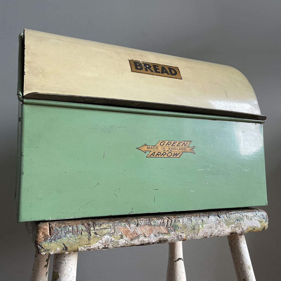 A Vintage Green Arrow bread bin in a fab duck egg green and cream combo, and still having its 'BREAD' and 'Green Arrow' water slide stickers to the front. A great looking item for the vintage kitchen - SHOP NOW - www.intovintage.co.uk