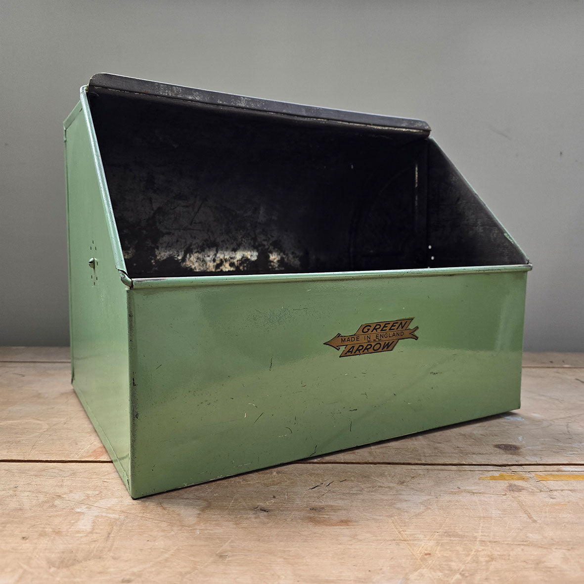 A Vintage Green Arrow bread bin in a fab duck egg green and cream combo, and still having its 'BREAD' and 'Green Arrow' water slide stickers to the front. A great looking item for the vintage kitchen - SHOP NOW - www.intovintage.co.uk